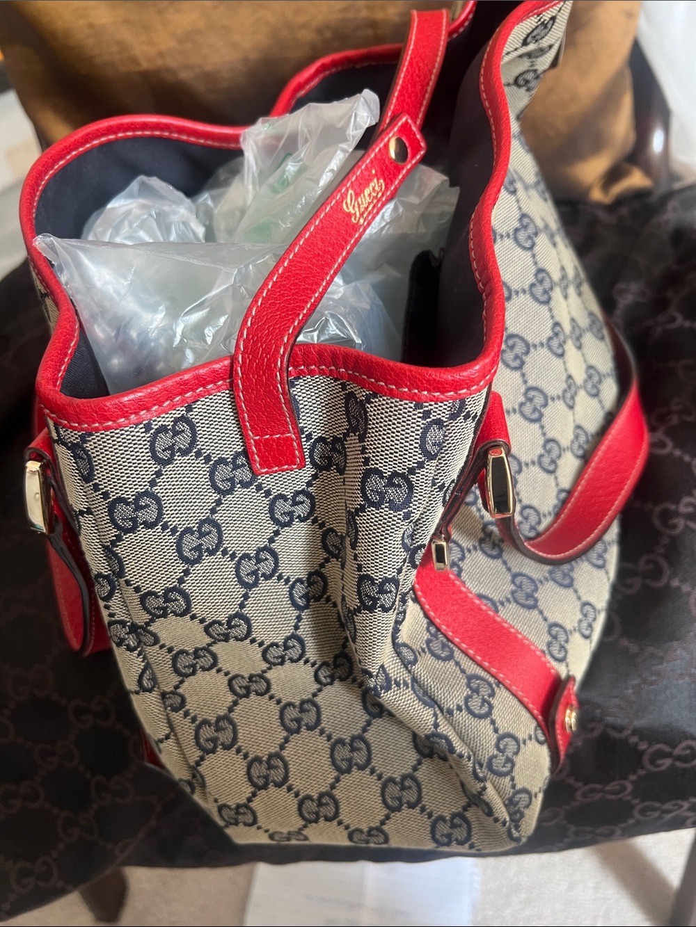 Gucci Beige with blue GG Canvas Shoulder Bag with Red Leather Trim. - Picture 5 of 8